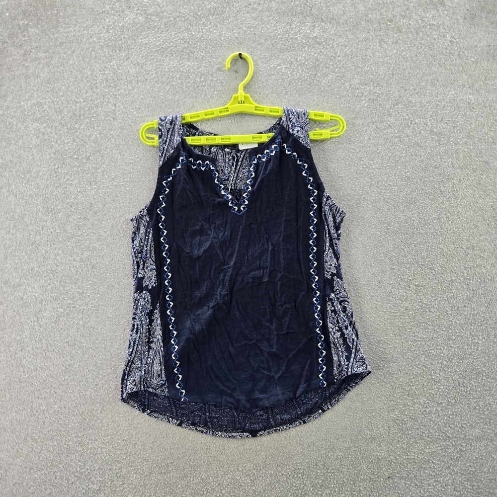Lucky Brand Women Tank Top S/P Blue Paisley Embroidered High Neck Pullover READ